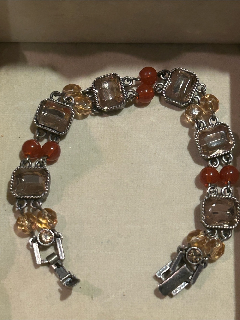 Vintage Avon Honor Society Bracelet Amber Rhinestone Red Bead Silver Tone